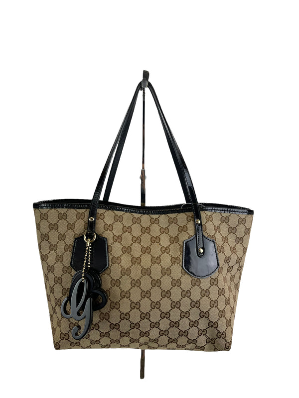 Gucci Monogram Canvas Tote with Patent Black Leather Trim