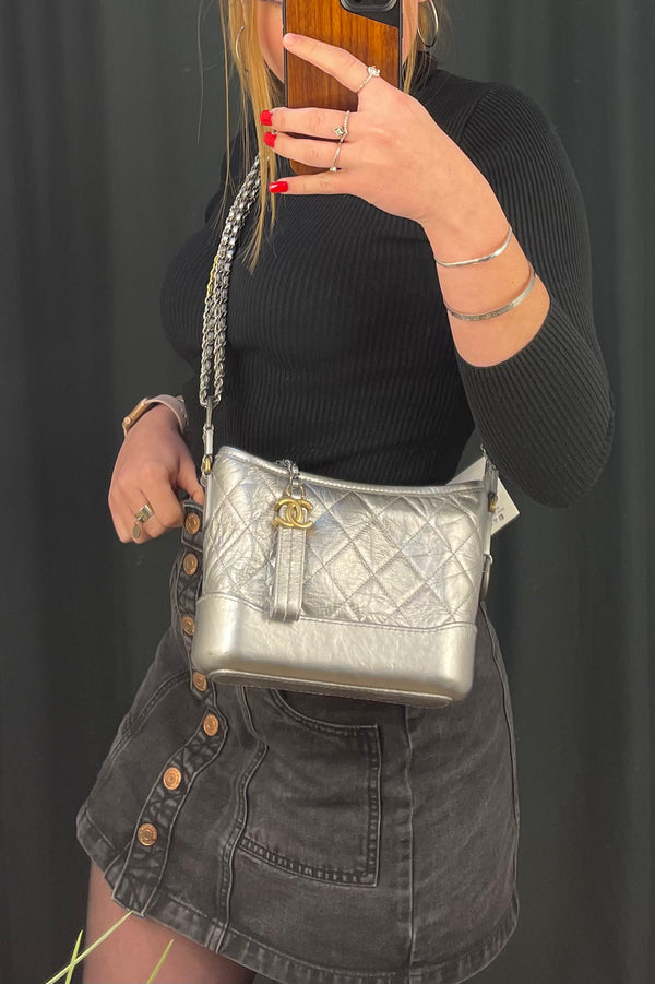 Chanel Silver Calfskin Leather Small Gabrielle Crossbody