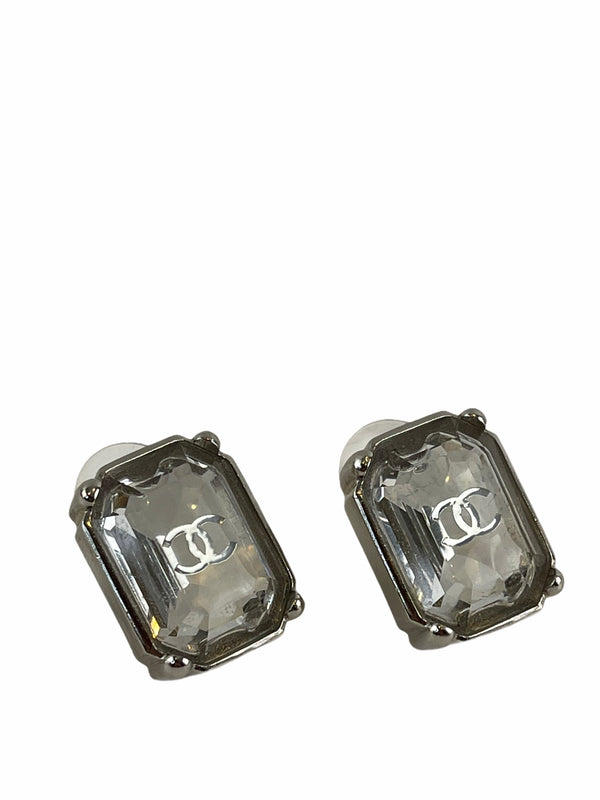 Chanel Silvertone CC Crystal Earrings