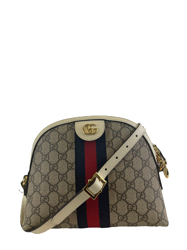 Gucci Monogram Canvas & Cream Leather “Ophidia” Small Crossbody