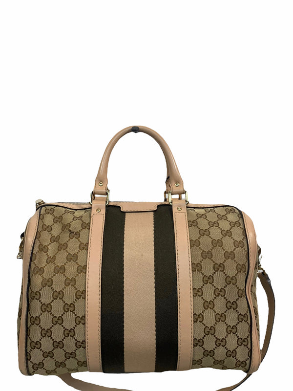 Gucci Monogram Canvas & Peach Leather GG "Boston" Tote