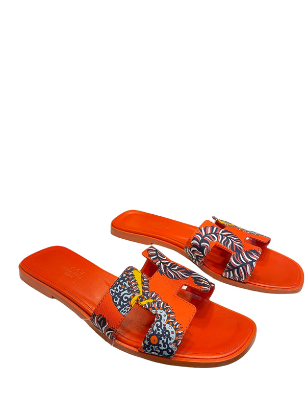 Hermes Orange Printed Sandals - UK 37