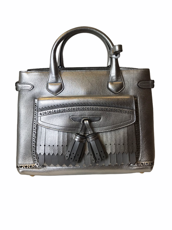 Burberry Silver Metallic Leather "Banner" Tote with Brogue Detailing - As Seen on Instagram 03/02/21