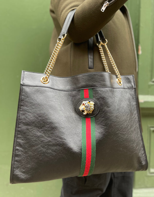 Gucci Black Leather Tiger Head Rajah Tote