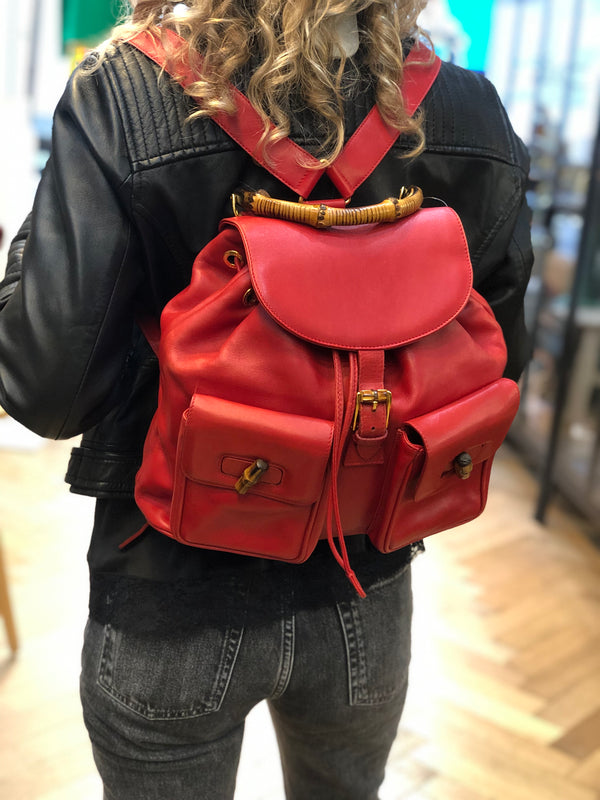 Gucci Red Leather Bamboo Handle Vintage Backpack