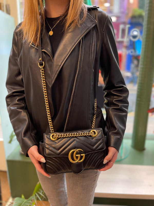 Gucci Black Matelasse Leather GG Marmont Mini Crossbody