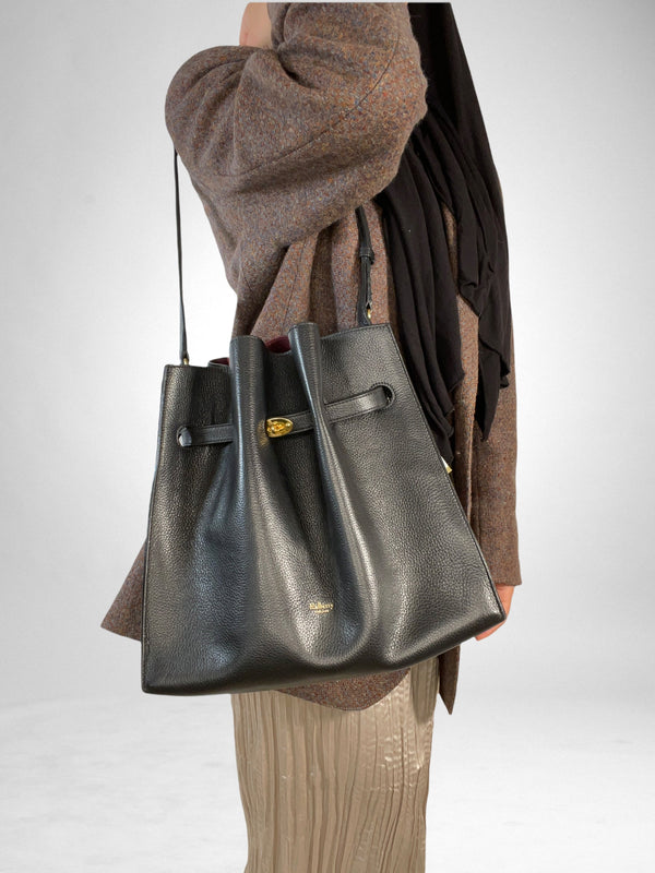 Mulberry Black Grained Leather "Abbey" Bucket Bag