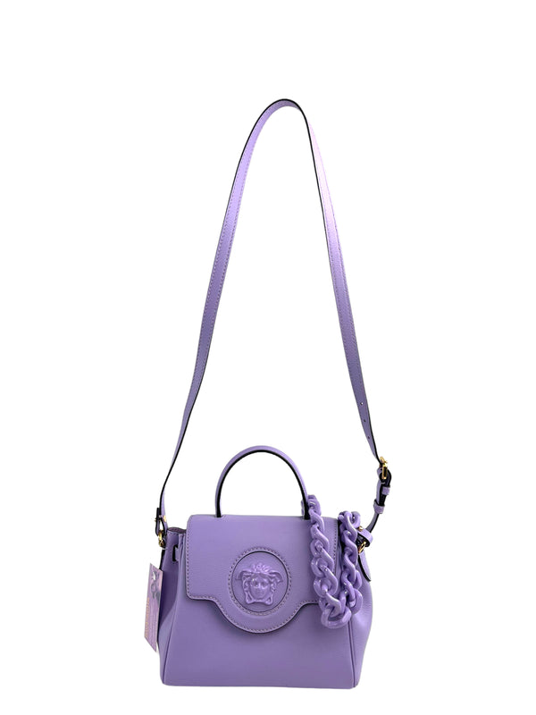 Versace La Medusa Lilac Grained Leather Top Handle Crossbody